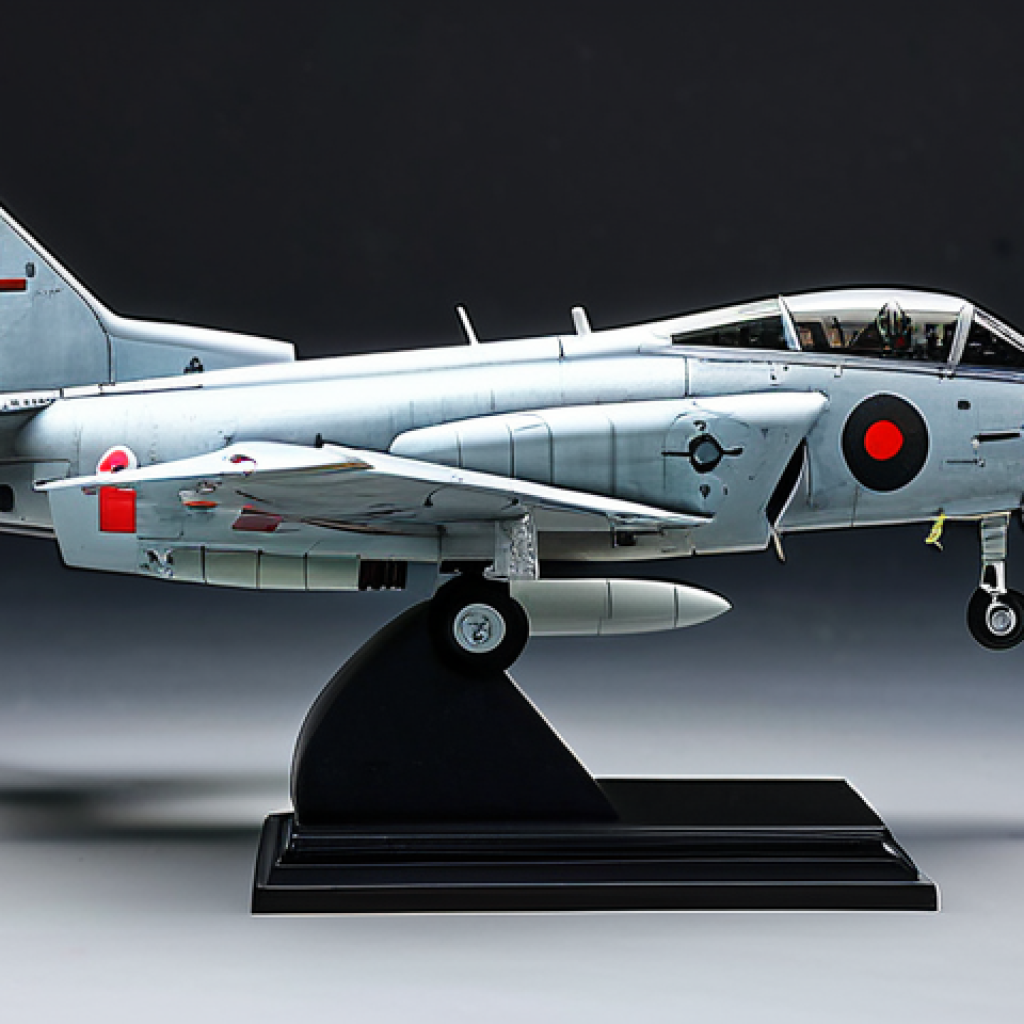 A meticulously crafted, hyperrealistic 1/144 scale combat aircraft model, professionally displayed inside a clear acrylic display case on a clean, light-colored pedestal in a modern, well-lit exhibition hall. The model features intricate weathering effects, subtle chipping, panel line washes, highly detailed metallic verniers, delicate etched parts, and perfectly applied decals including tiny warning labels and squadron markings. The surface displays a realistic matte finish with strategic semi-gloss accents. Studio lighting highlights its three-dimensional form and precise shadow details. perfect anatomy, correct proportions, natural pose, well-formed hands, proper finger count, natural body proportions, high-resolution, professional photography, high quality, safe for work, appropriate content, fully clothed, professional, modest, family-friendly.