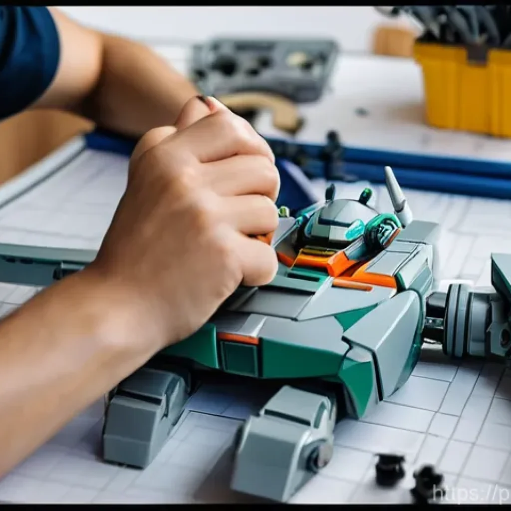 프라모델 수집의 경제학 - A detailed shot of an adult's hands (male or female, in their 30s-40s) meticulously assembling a com...