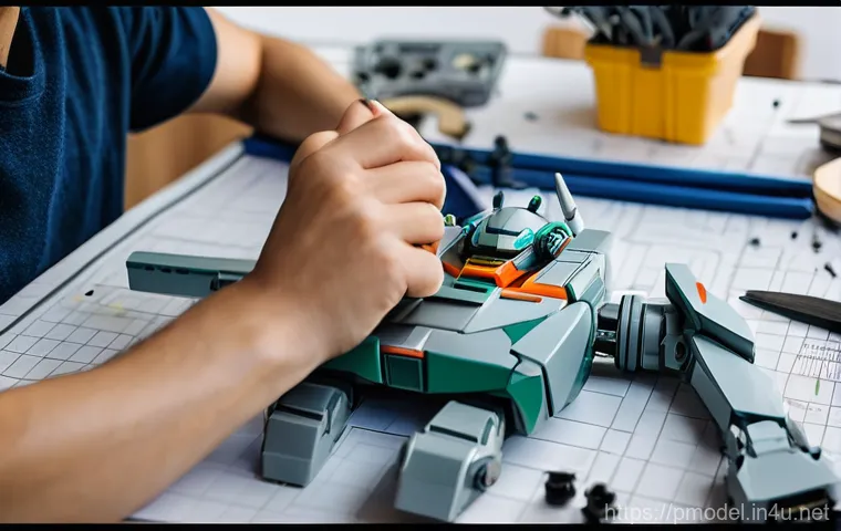 프라모델 수집의 경제학 - A detailed shot of an adult's hands (male or female, in their 30s-40s) meticulously assembling a com...